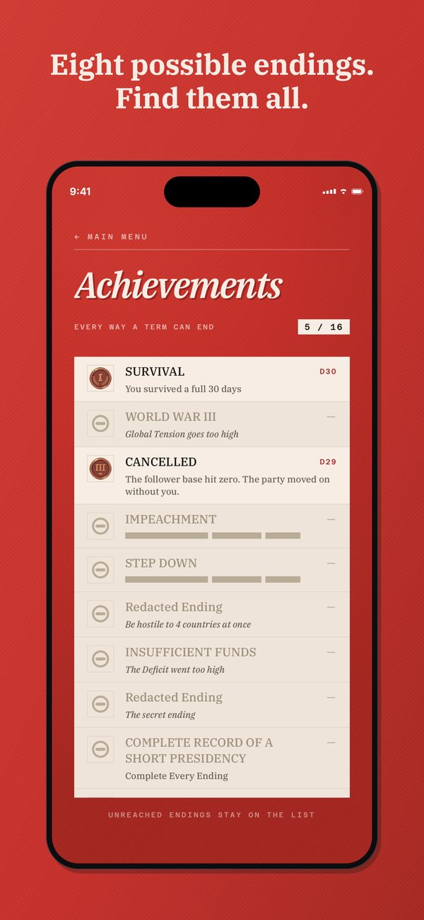 The achievements case. Caption: Eight possible endings. Find them all.